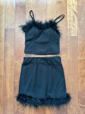 Black Feather-Trim Mini Dress Set